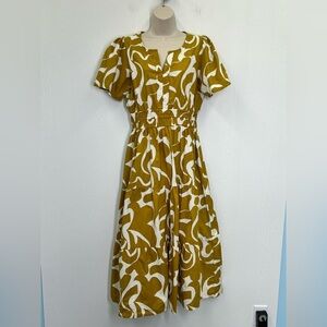 Meadow Rhodes - Mustard And White Fun Pattern V Neck Tiered Maxi Dress Size Med